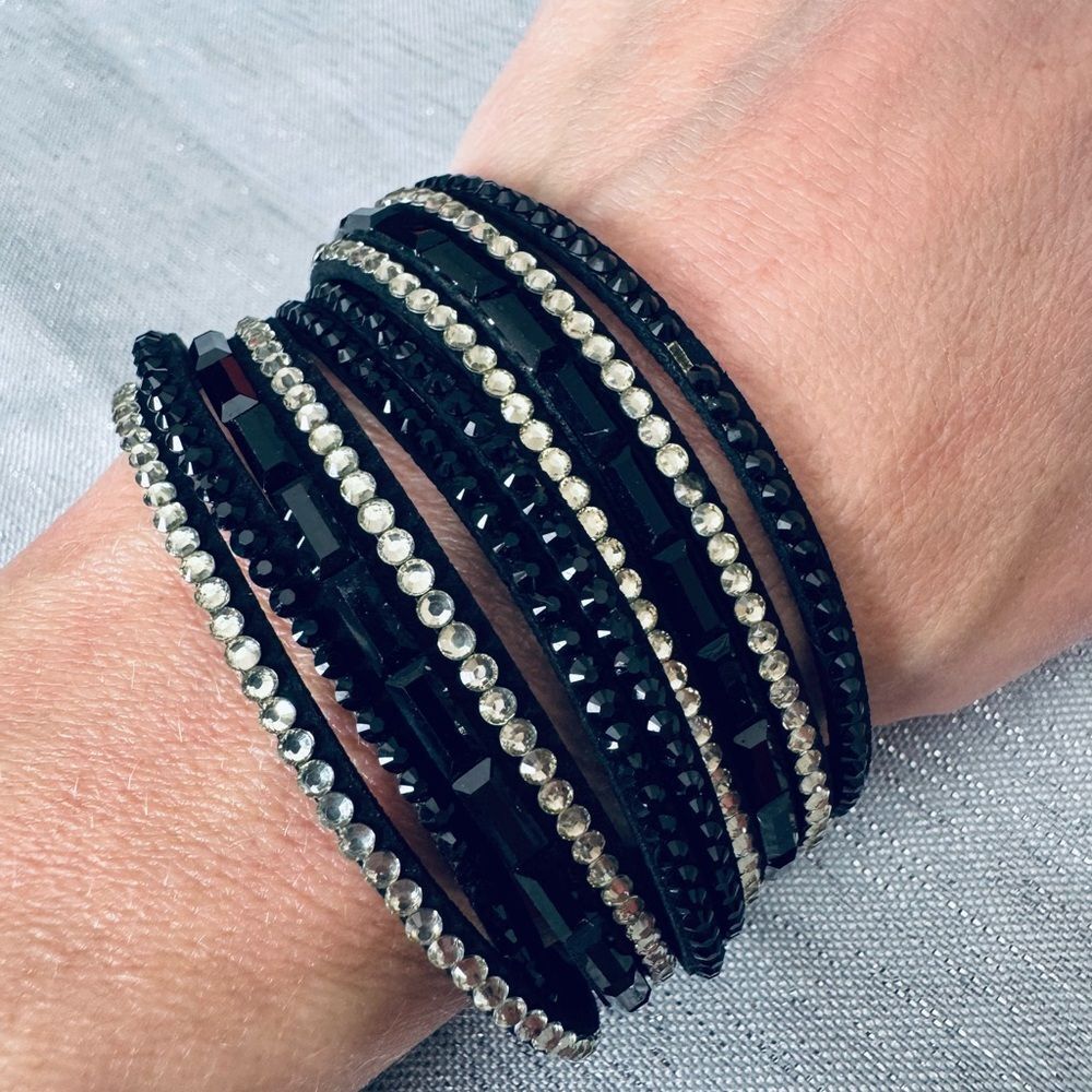 Black Crystal Beaded Cuff Bracelet